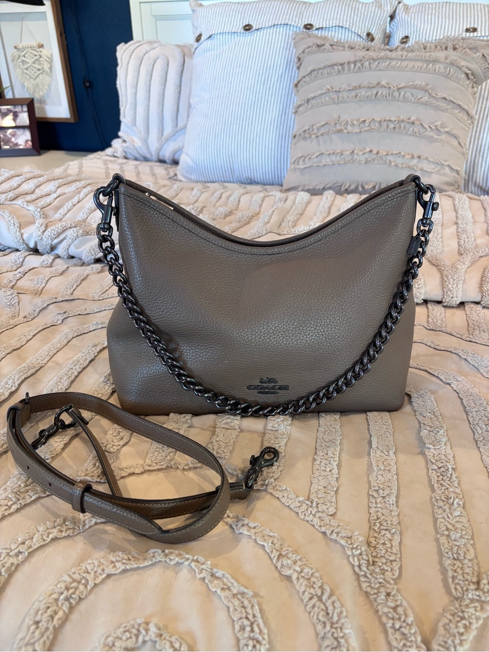 Coach Pebbled Leather Shoulder Bag in Taupe with Gunmetal Chain